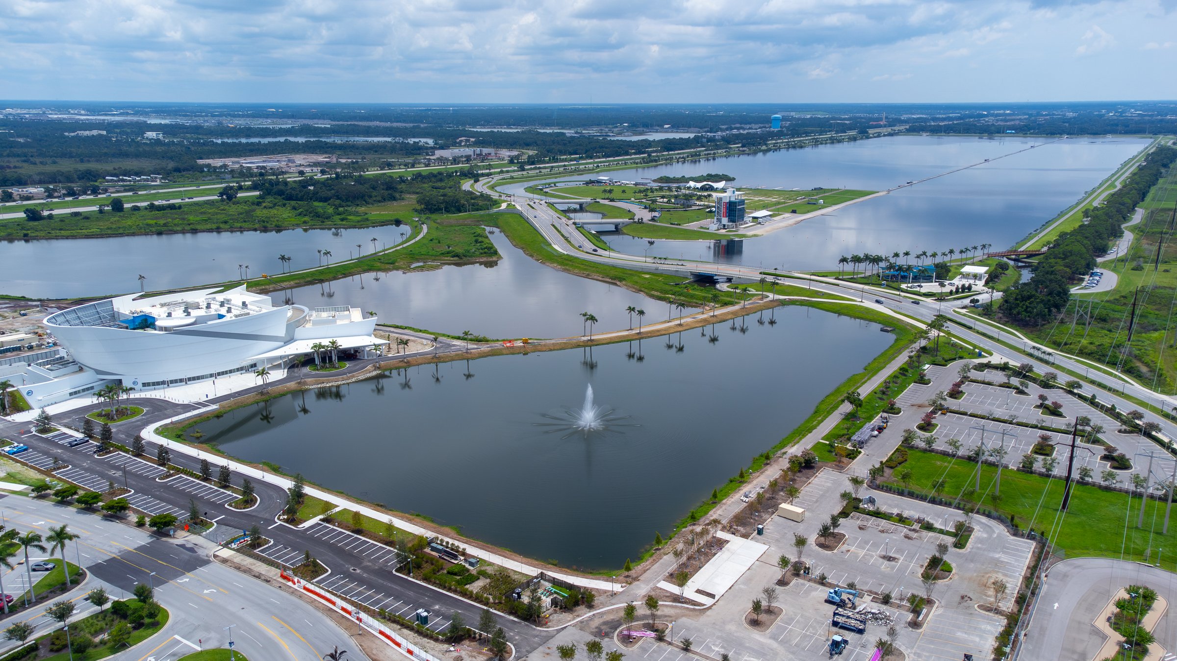 Wide drone aerial of Sarasota waterway