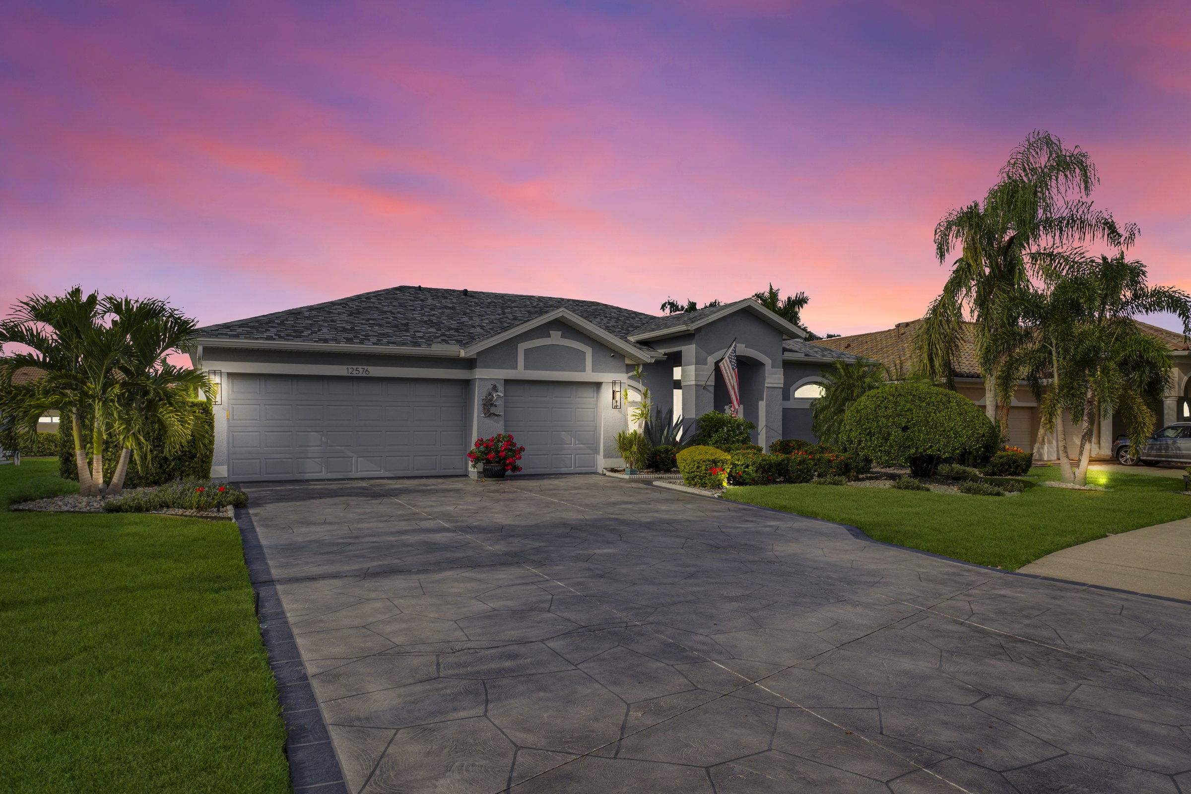 Single-story home at twilight