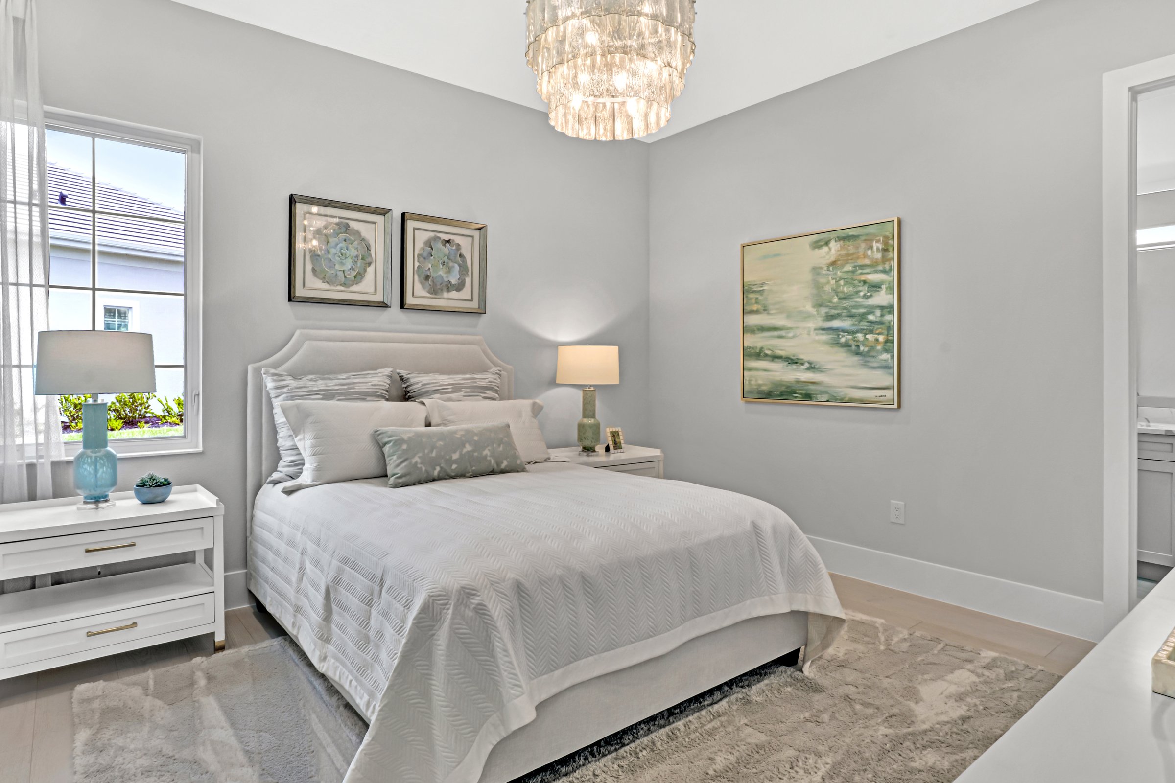 Master bedroom with chandelier